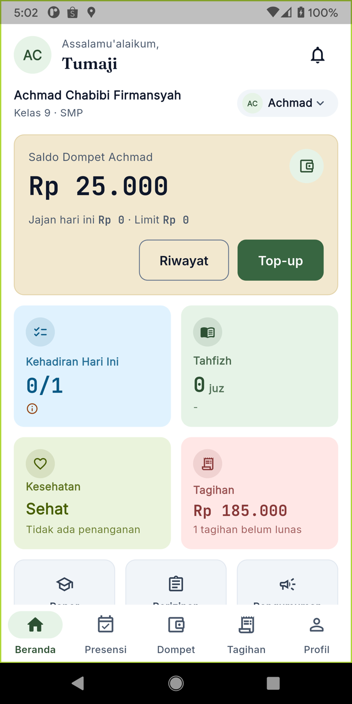 Layar Beranda aplikasi wali: presensi, hafalan, dan saldo ananda