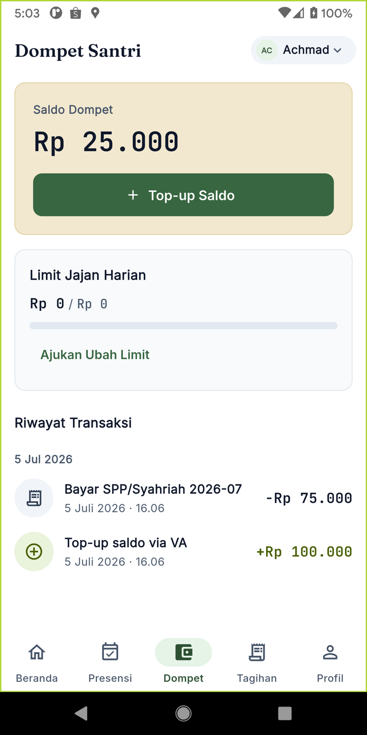 Layar Dompet santri: saldo dan riwayat top-up