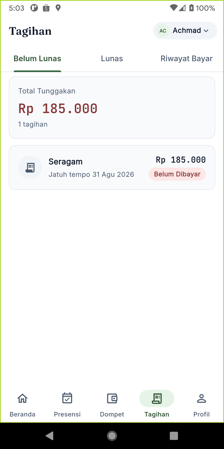 Layar Tagihan: daftar syahriah dan status lunas